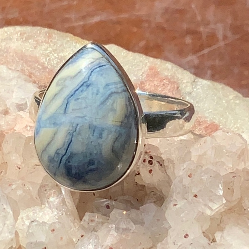 NATURAL BLUE SCHEELITE 925 STERLING SILVER RING, SIZE 10